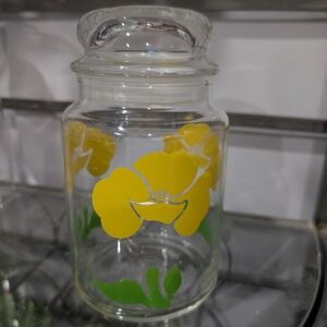 Vintage 1970s Anchor Hocking Yellow Foxy Flowers Poppy Glass Storage Jar